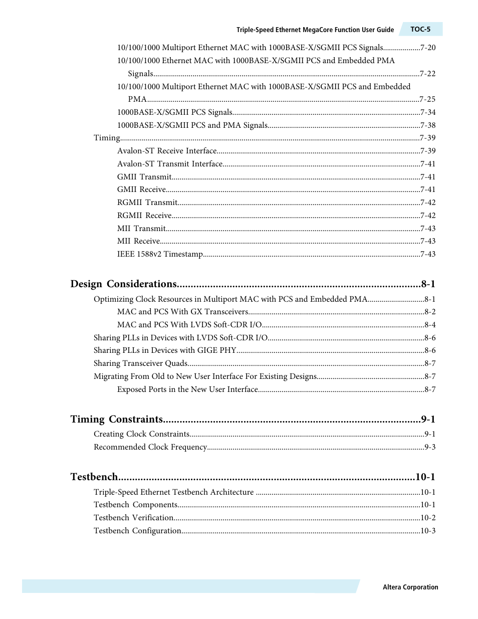 Design considerations -1, Timing constraints -1, Testbench -1 | Altera Triple Speed Ethernet MegaCore Function User Manual | Page 5 / 223