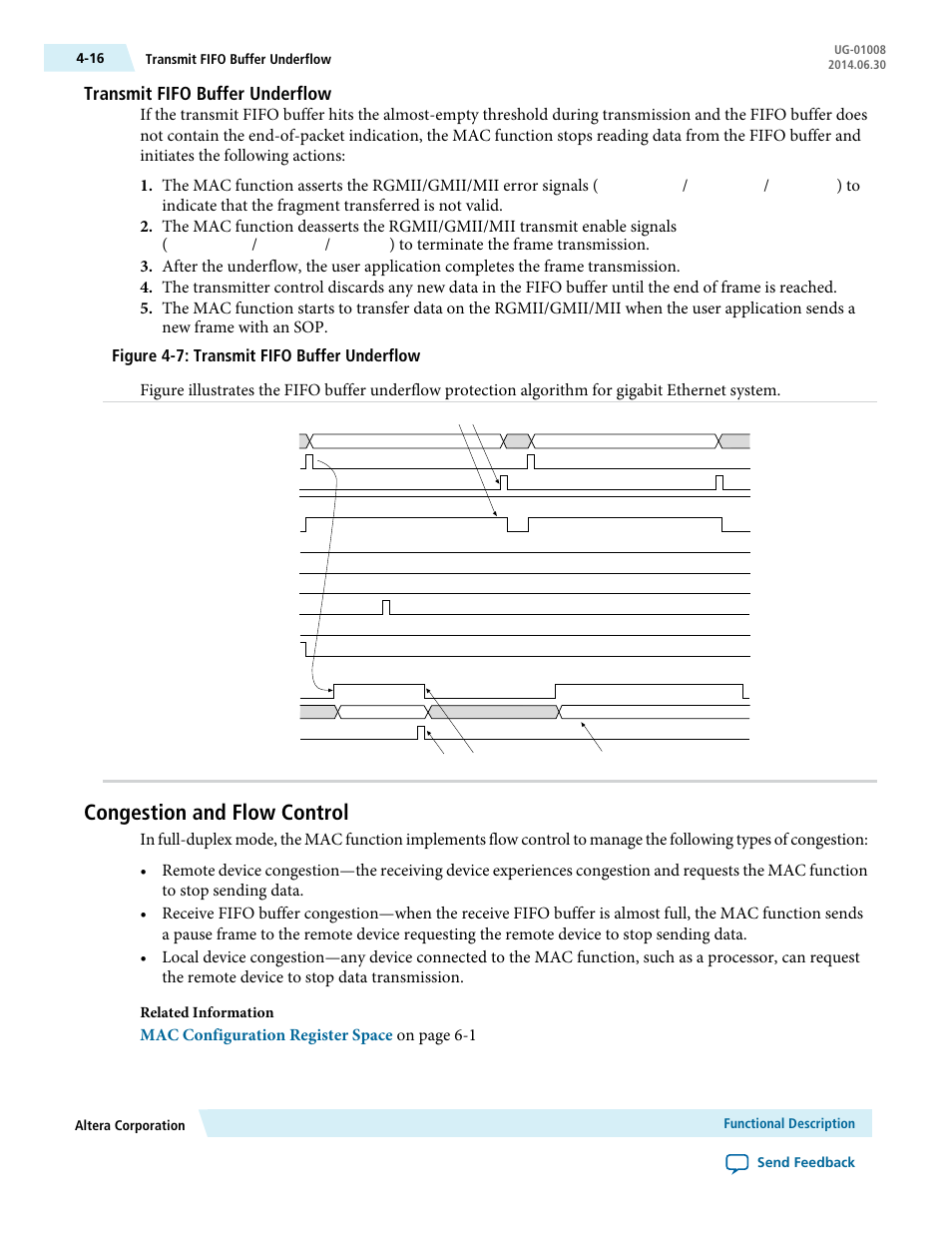 Transmit fifo buffer underflow, Congestion and flow control, Congestion and flow control -16 | Mac configuration register space on page 6-1 | Altera Triple Speed Ethernet MegaCore Function User Manual | Page 52 / 223