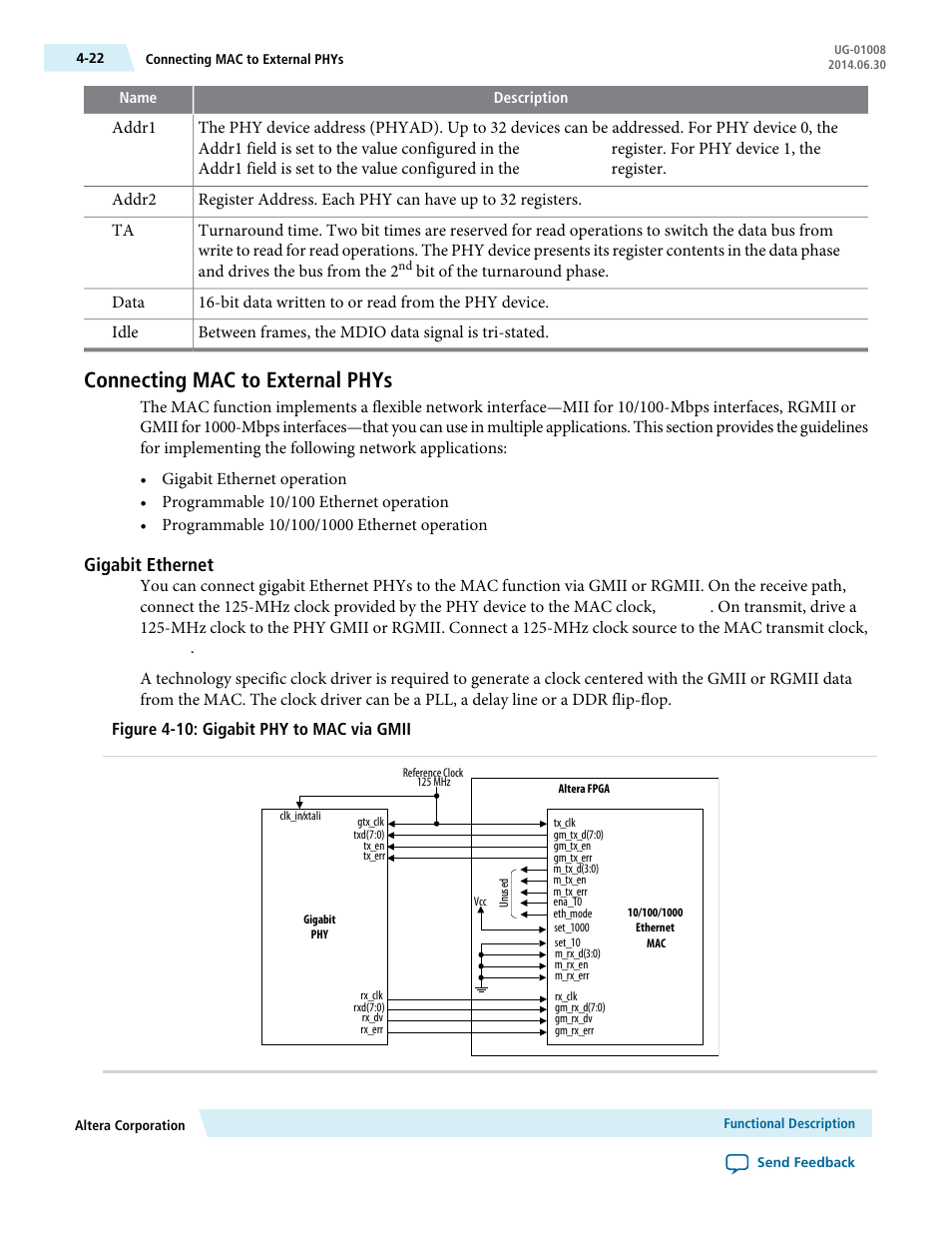 Connecting mac to external phys, Gigabit ethernet, Connecting mac to external phys -22 | Altera Triple Speed Ethernet MegaCore Function User Manual | Page 58 / 223