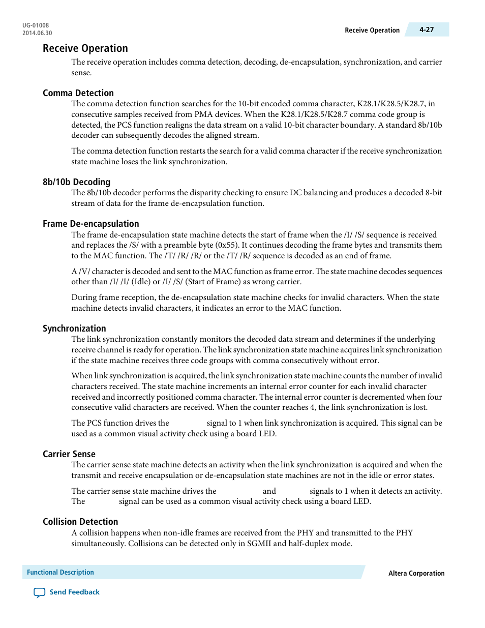 Receive operation, Comma detection, 8b/10b decoding | Frame de-encapsulation, Synchronization, Carrier sense, Collision detection, Receive operation -27 | Altera Triple Speed Ethernet MegaCore Function User Manual | Page 63 / 223