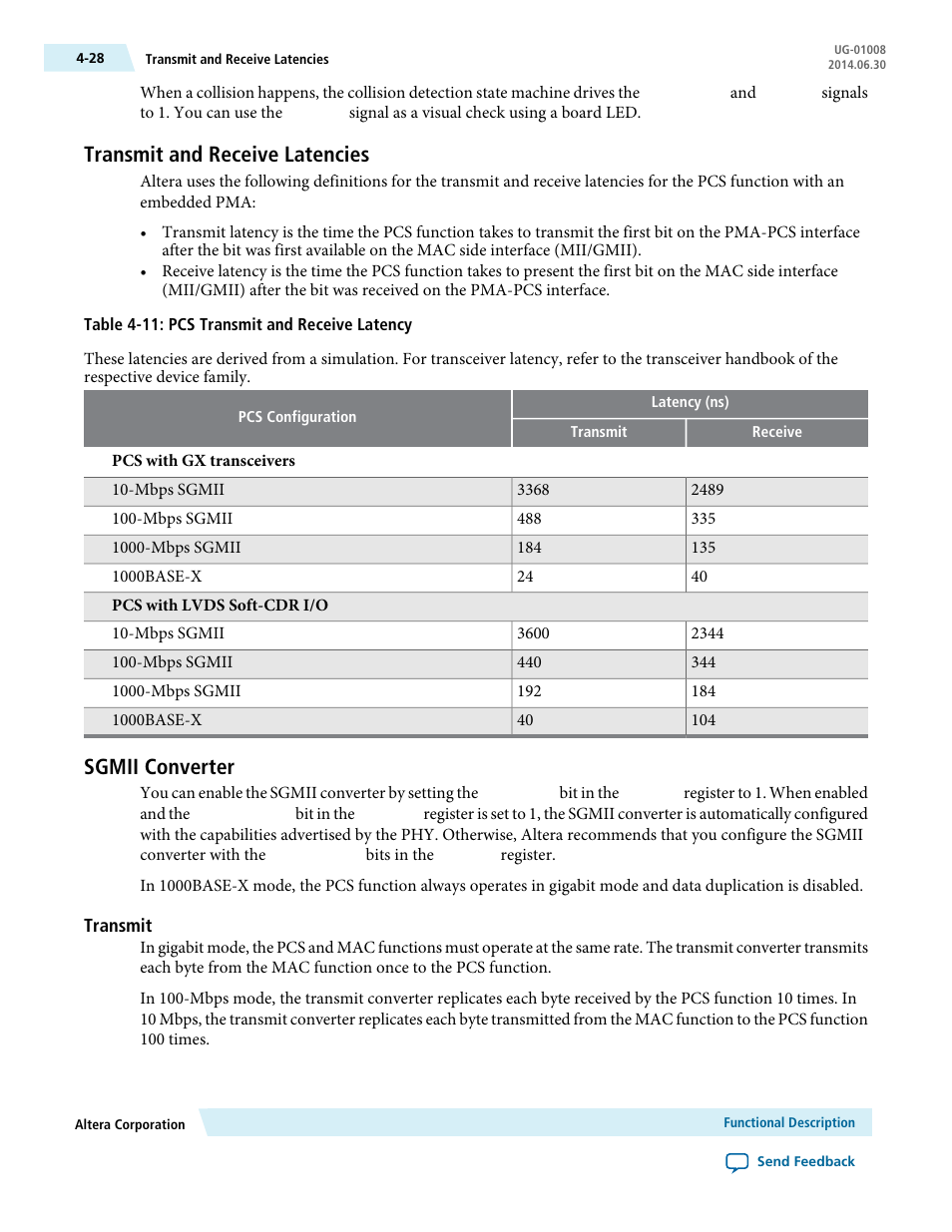 Transmit and receive latencies, Sgmii converter, Transmit | Altera Triple Speed Ethernet MegaCore Function User Manual | Page 64 / 223
