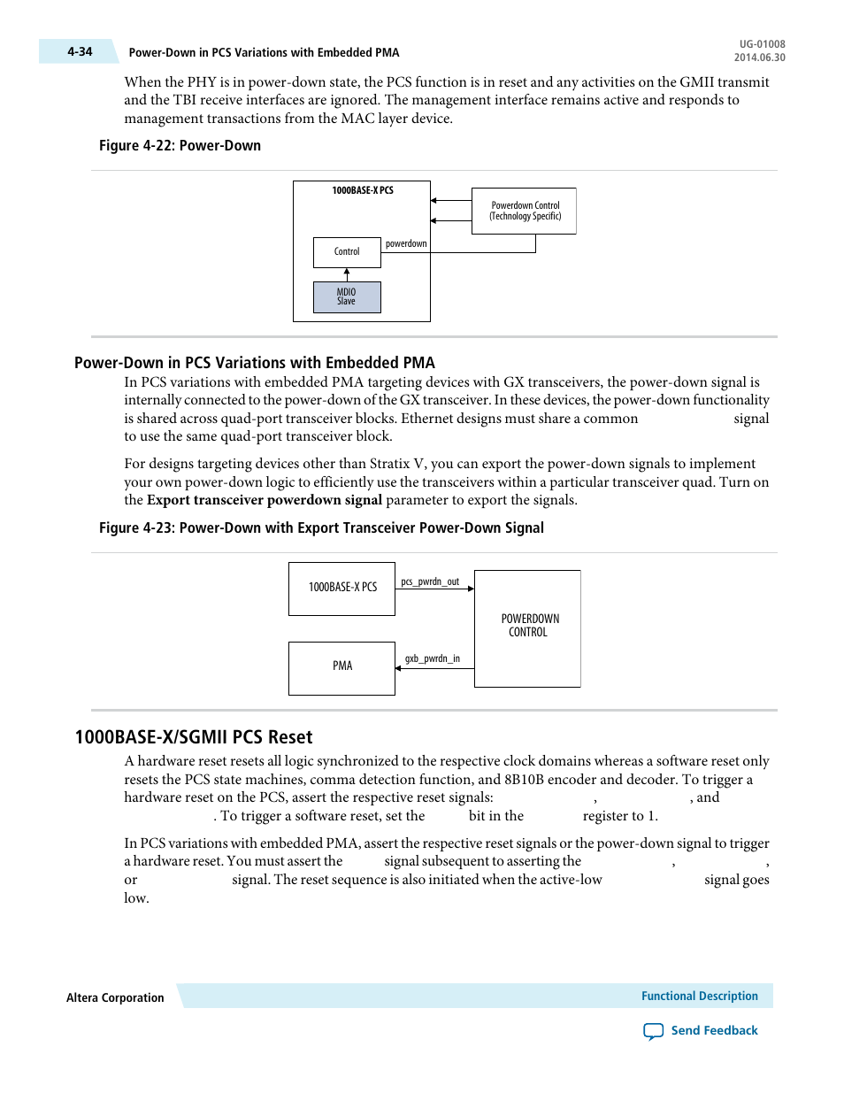 Power-down in pcs variations with embedded pma, 1000base-x/sgmii pcs reset, 1000base-x/sgmii pcs reset -34 | Altera Triple Speed Ethernet MegaCore Function User Manual | Page 70 / 223