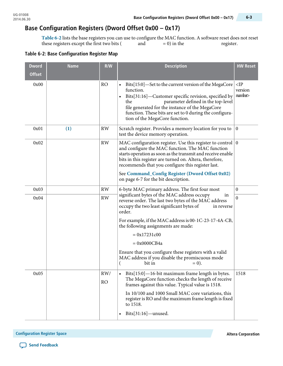 Base configuration registers (dword offset 0x00, 0x17) | Altera Triple Speed Ethernet MegaCore Function User Manual | Page 86 / 223