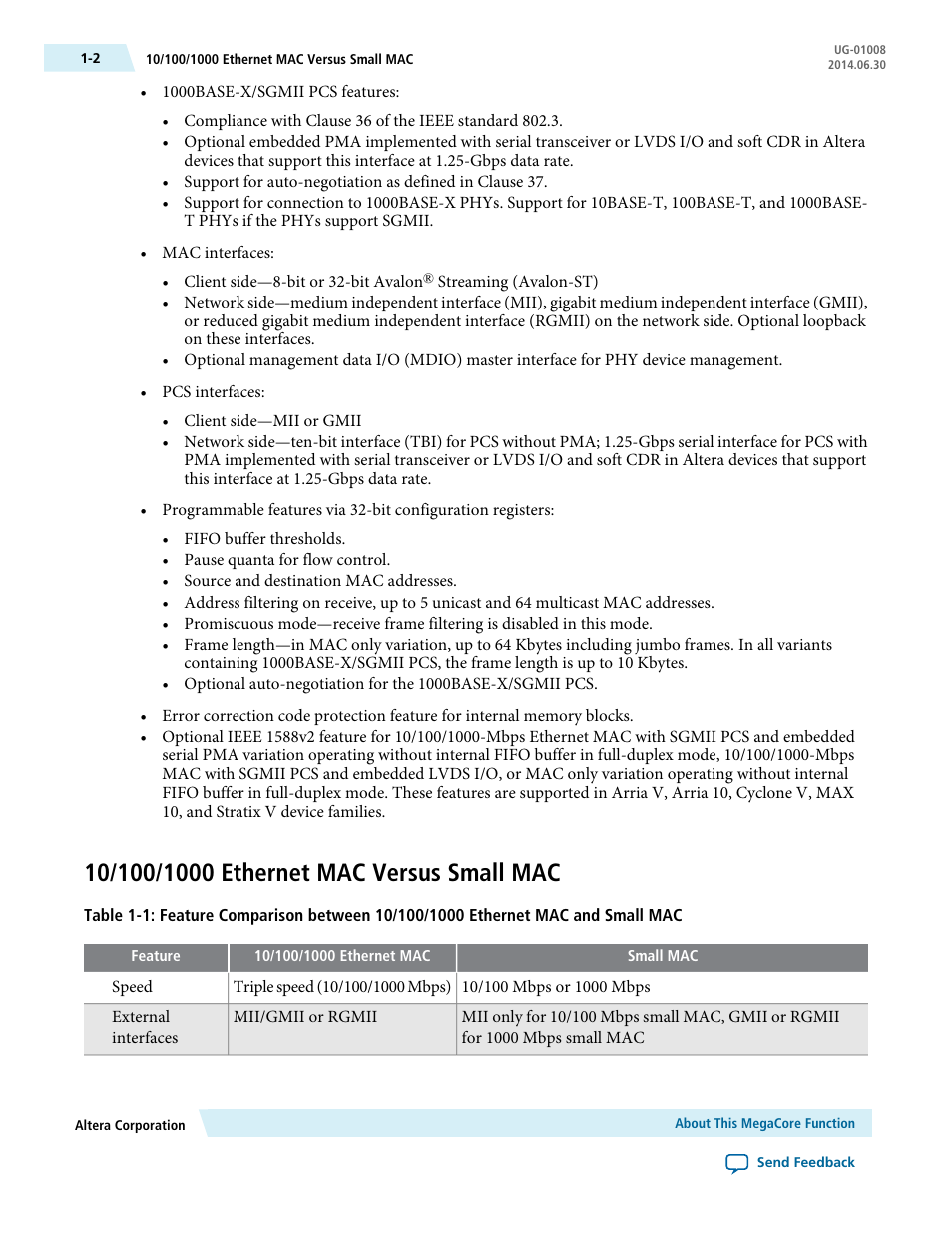 10/100/1000 ethernet mac versus small mac, 10/100/1000 ethernet mac versus small mac -2 | Altera Triple Speed Ethernet MegaCore Function User Manual | Page 9 / 223