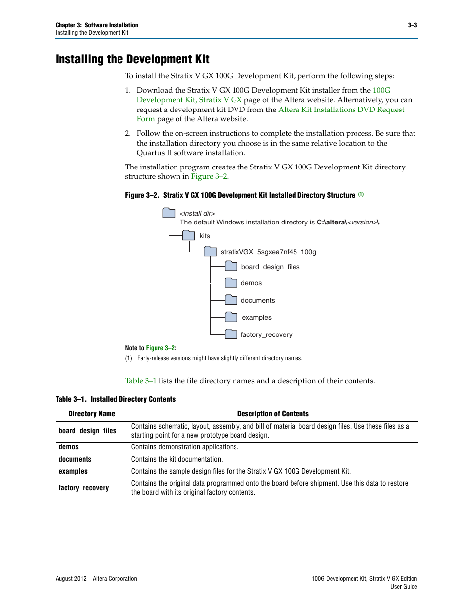 Installing the development kit, Installing the development kit –3 | Altera 100G Development Kit, Stratix V GX Edition User Manual | Page 11 / 44
