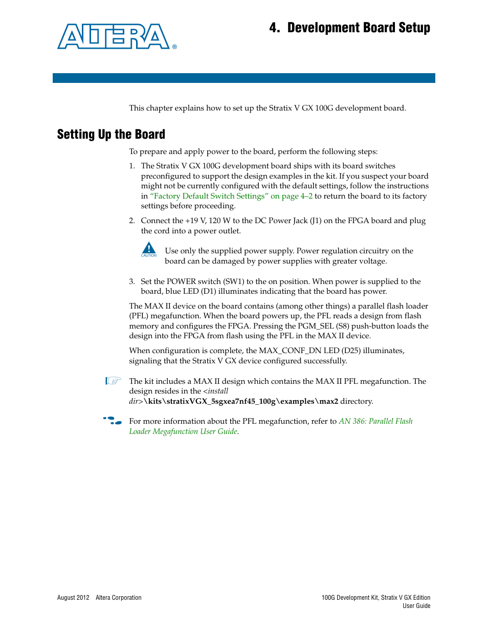 Development board setup, Setting up the board, Chapter 4. development board setup | Setting up the board –1 | Altera 100G Development Kit, Stratix V GX Edition User Manual | Page 13 / 44