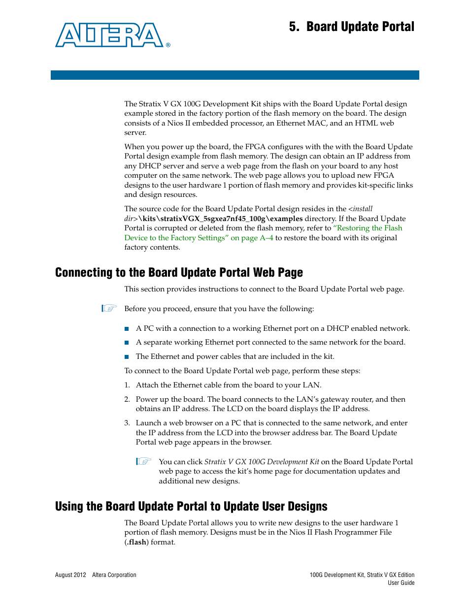 Board update portal, Chapter 5. board update portal, Connecting to the board update portal web page | Altera 100G Development Kit, Stratix V GX Edition User Manual | Page 17 / 44