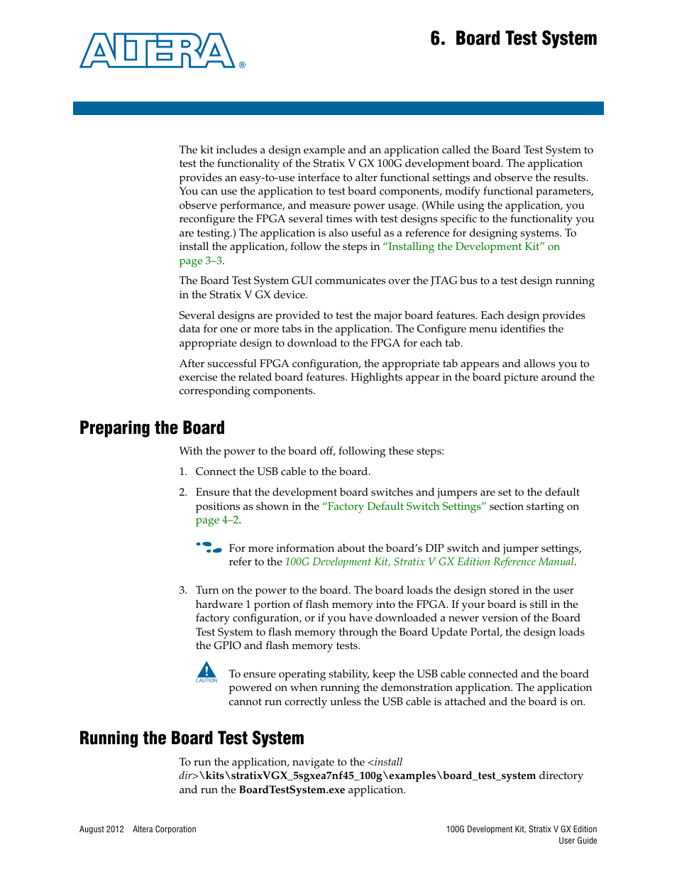 Board test system, Preparing the board, Running the board test system | Chapter 6. board test system | Altera 100G Development Kit, Stratix V GX Edition User Manual | Page 19 / 44