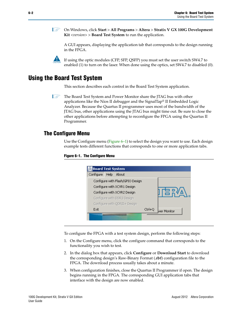 Using the board test system, The configure menu, Using the board test system –2 | The configure menu –2 | Altera 100G Development Kit, Stratix V GX Edition User Manual | Page 20 / 44