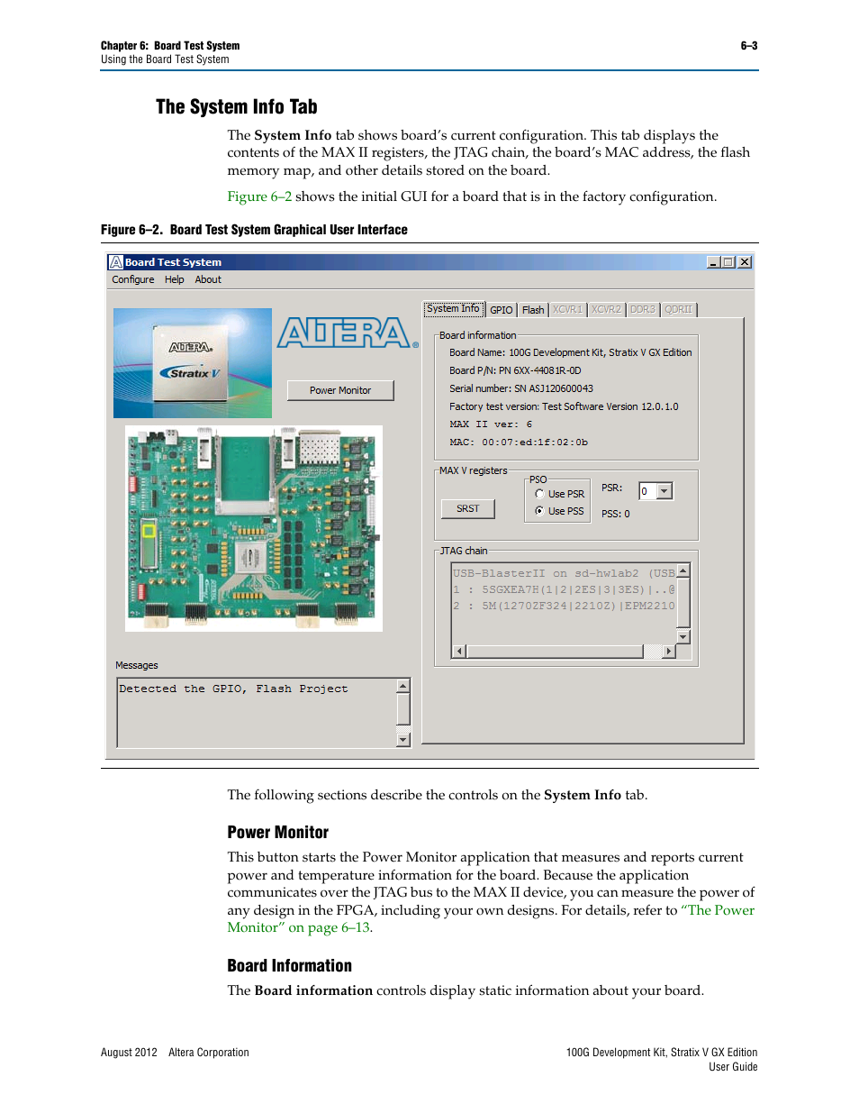 The system info tab, Power monitor, Board information | The system info tab –3, Power monitor –3 board information –3 | Altera 100G Development Kit, Stratix V GX Edition User Manual | Page 21 / 44