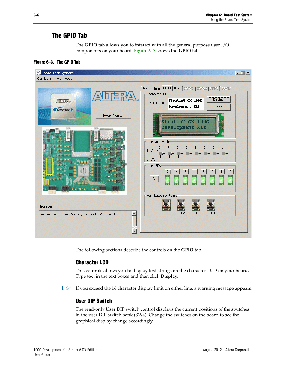 The gpio tab, Character lcd, User dip switch | The gpio tab –6, Character lcd –6 user dip switch –6 | Altera 100G Development Kit, Stratix V GX Edition User Manual | Page 24 / 44