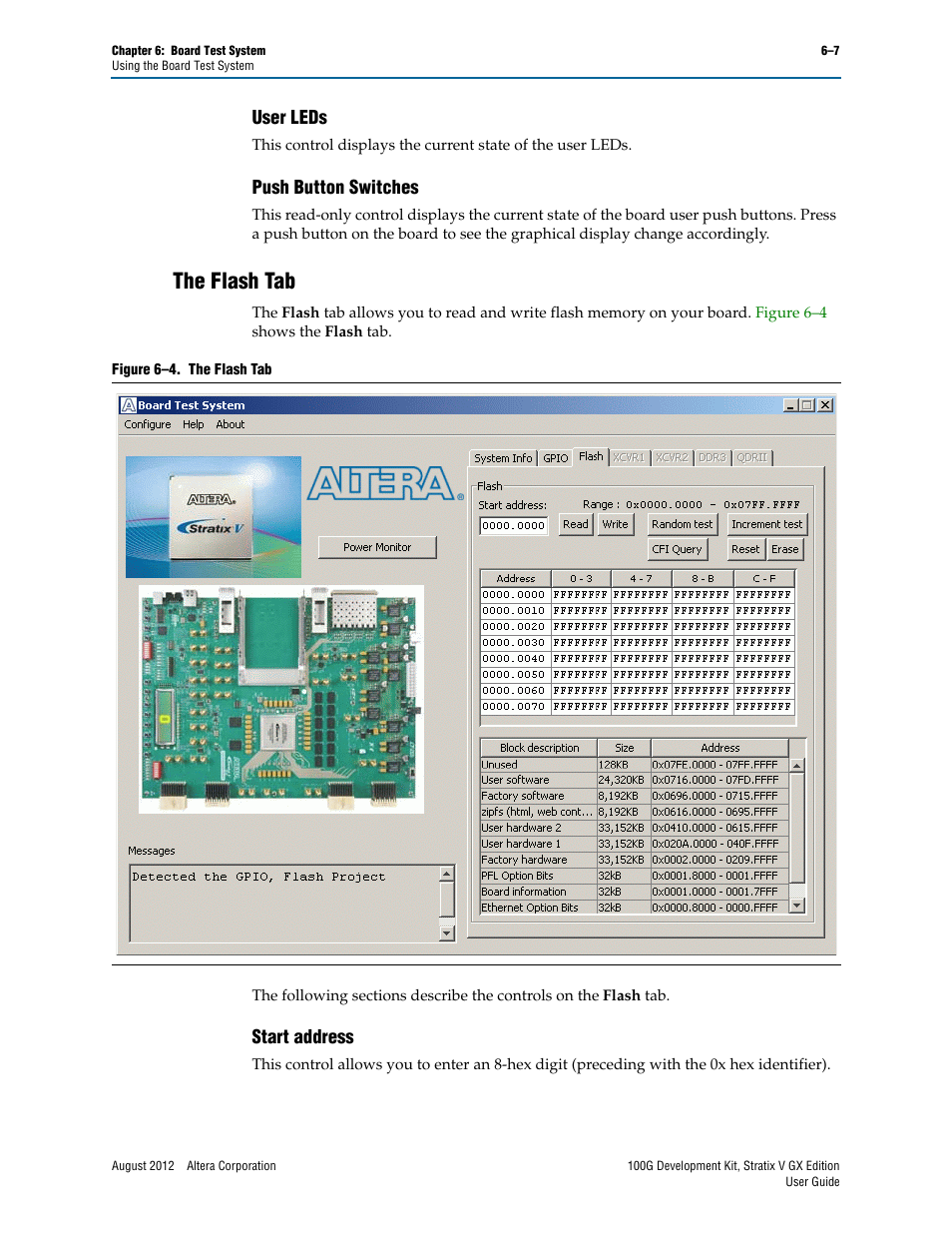 User leds, Push button switches, The flash tab | Start address, User leds –7 push button switches –7, The flash tab –7, Start address –7 | Altera 100G Development Kit, Stratix V GX Edition User Manual | Page 25 / 44