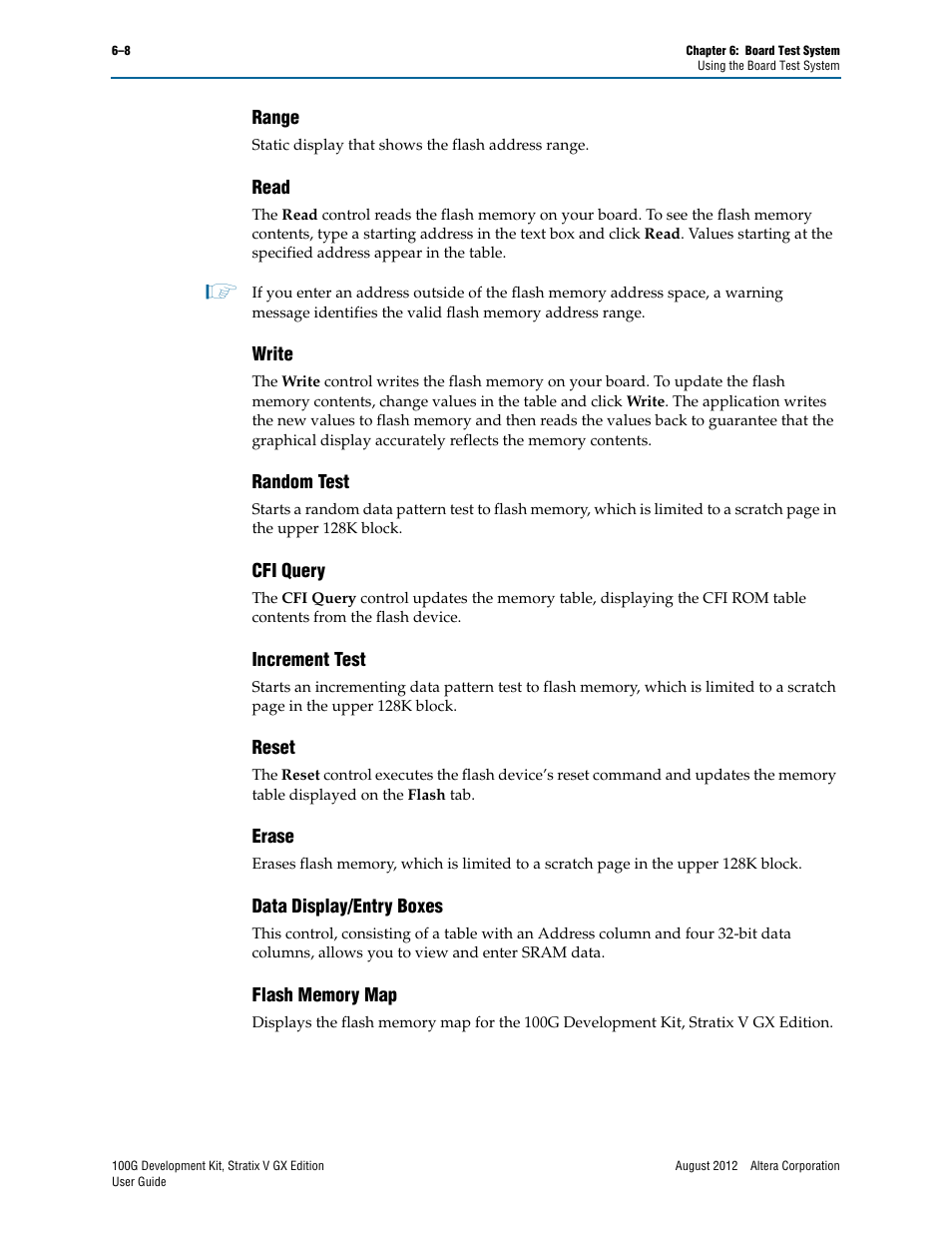 Range, Read, Write | Random test, Cfi query, Increment test, Reset, Erase, Data display/entry boxes, Flash memory map | Altera 100G Development Kit, Stratix V GX Edition User Manual | Page 26 / 44