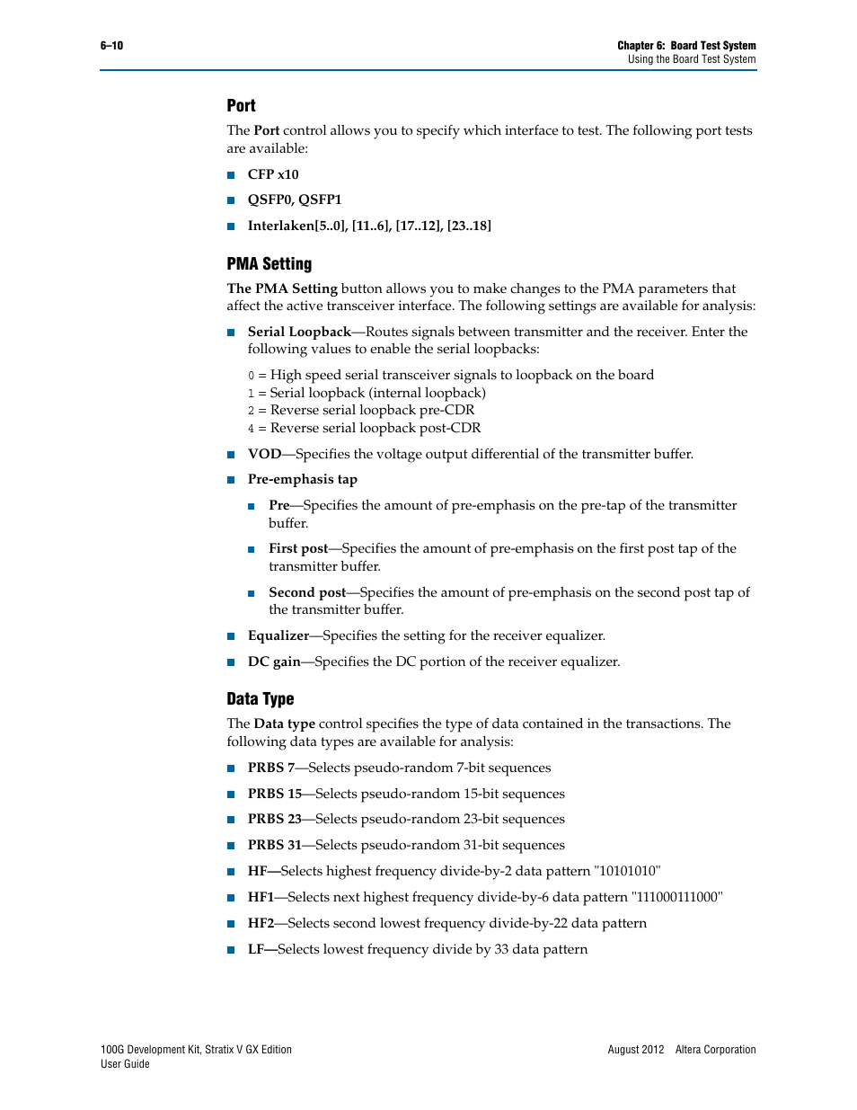 Port, Pma setting, Data type | Port –10 pma setting –10 data type –10 | Altera 100G Development Kit, Stratix V GX Edition User Manual | Page 28 / 44