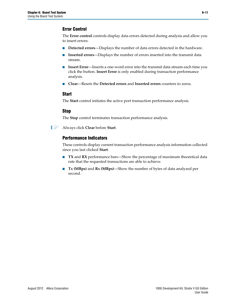 Error control, Start, Stop | Performance indicators | Altera 100G Development Kit, Stratix V GX Edition User Manual | Page 29 / 44
