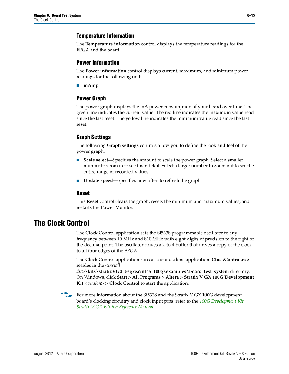 Temperature information, Power information, Power graph | Graph settings, Reset, The clock control, The clock control –15 | Altera 100G Development Kit, Stratix V GX Edition User Manual | Page 33 / 44