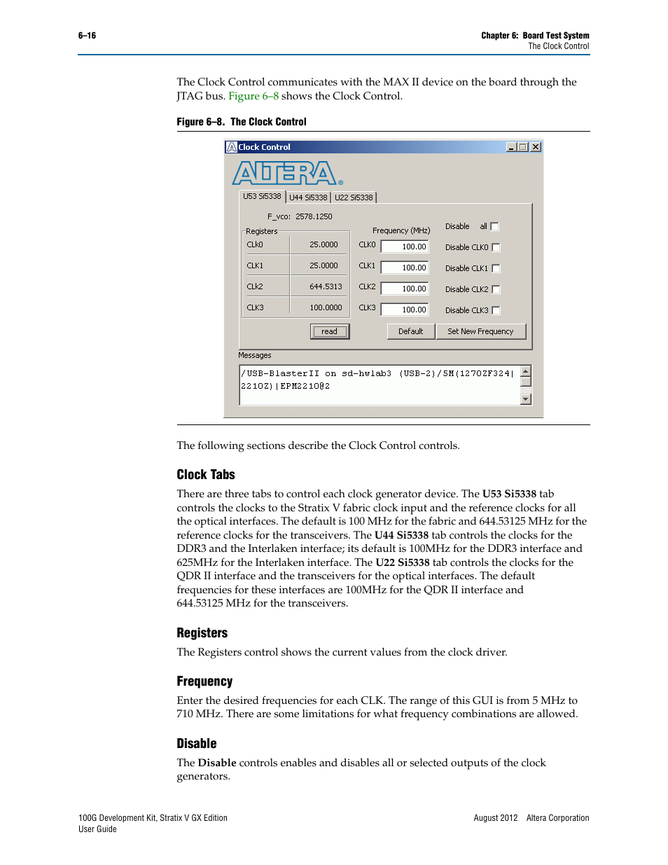 Clock tabs, Registers, Frequency | Disable | Altera 100G Development Kit, Stratix V GX Edition User Manual | Page 34 / 44