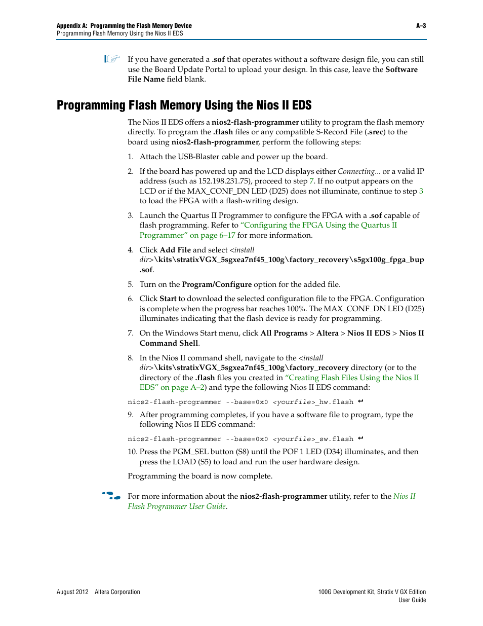 Programming flash memory using the nios ii eds | Altera 100G Development Kit, Stratix V GX Edition User Manual | Page 39 / 44