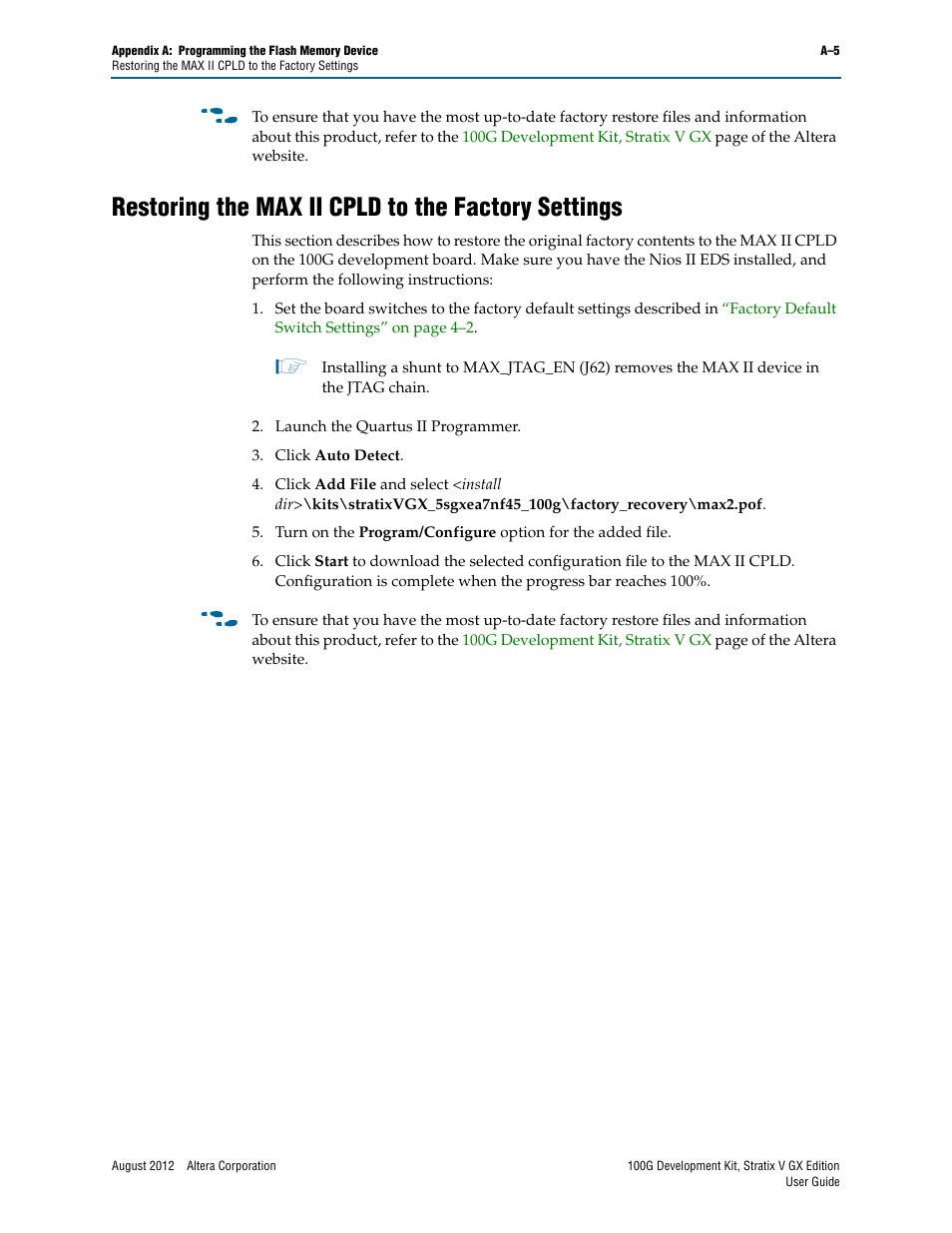Restoring the max ii cpld to the factory settings | Altera 100G Development Kit, Stratix V GX Edition User Manual | Page 41 / 44