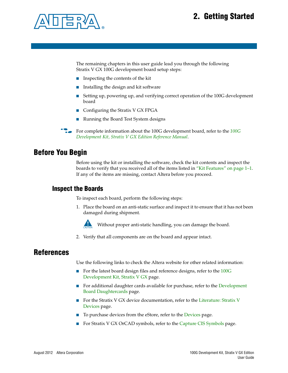 Getting started, Before you begin, Inspect the boards | References, Chapter 2. getting started, Before you begin –1, Inspect the boards –1, References –1 | Altera 100G Development Kit, Stratix V GX Edition User Manual | Page 7 / 44