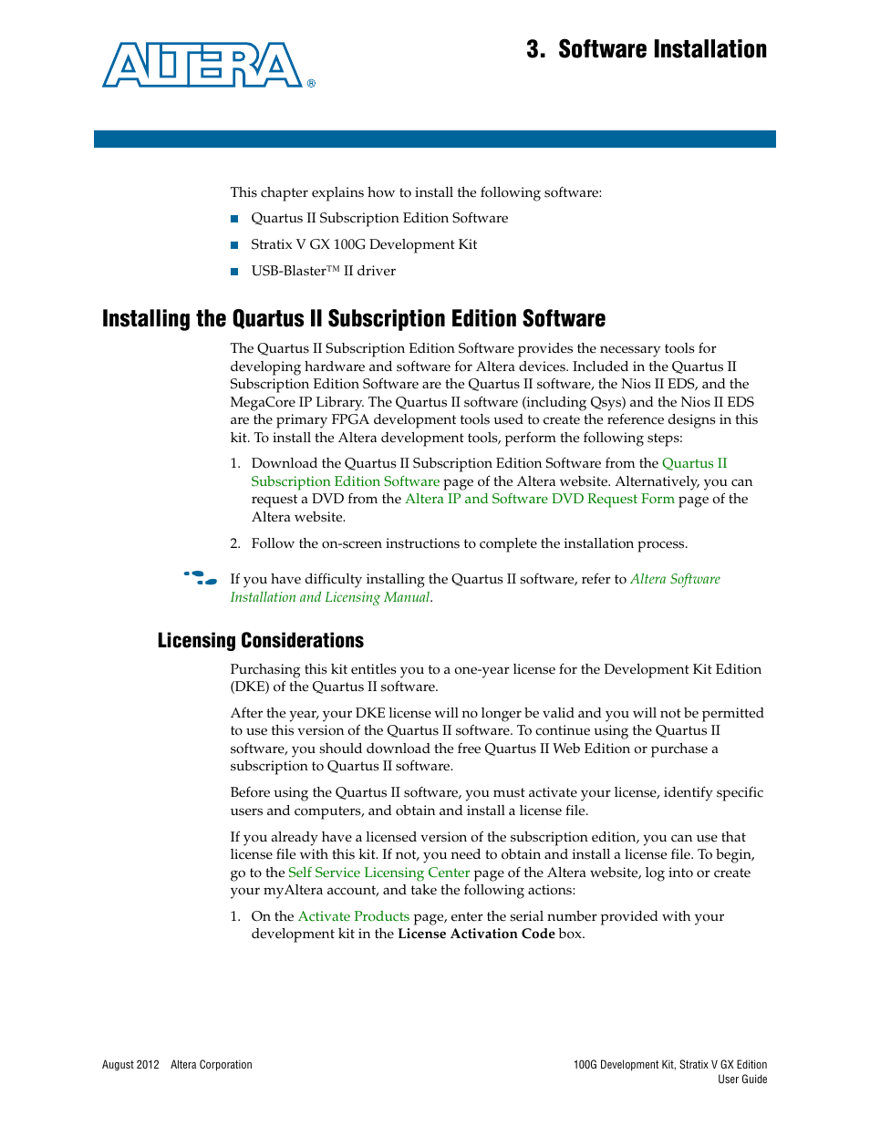 Software installation, Licensing considerations, Chapter 3. software installation | Licensing considerations –1 | Altera 100G Development Kit, Stratix V GX Edition User Manual | Page 9 / 44