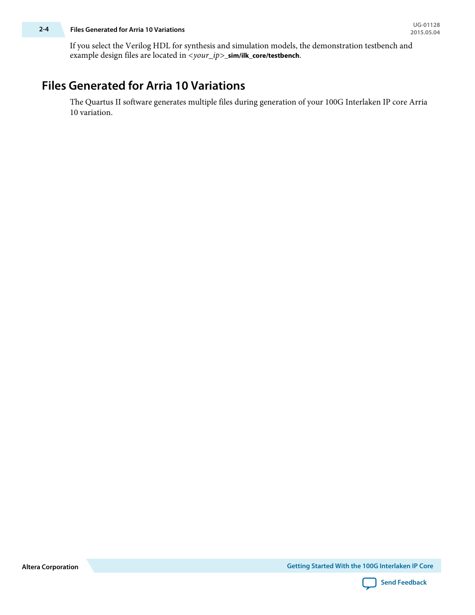 Files generated for arria 10 variations, Files generated for arria 10 variations -4 | Altera 100G Interlaken MegaCore Function User Manual | Page 14 / 111