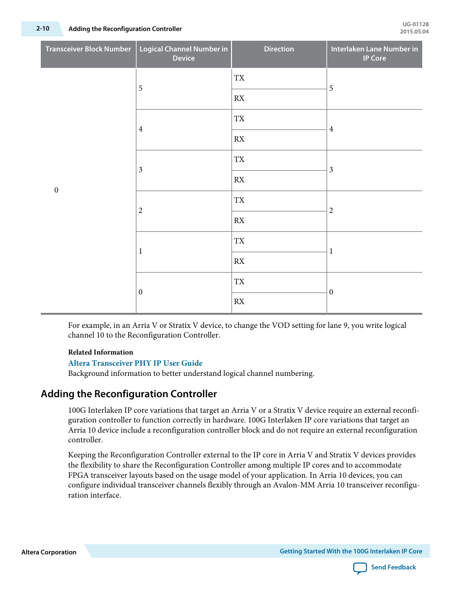 Adding the reconfiguration controller, Adding the reconfiguration controller -10 | Altera 100G Interlaken MegaCore Function User Manual | Page 20 / 111