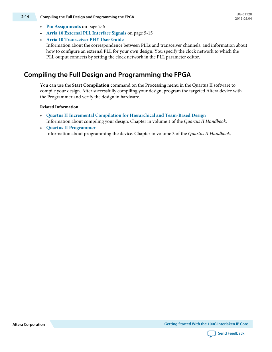 Compiling the full design and programming the fpga | Altera 100G Interlaken MegaCore Function User Manual | Page 24 / 111