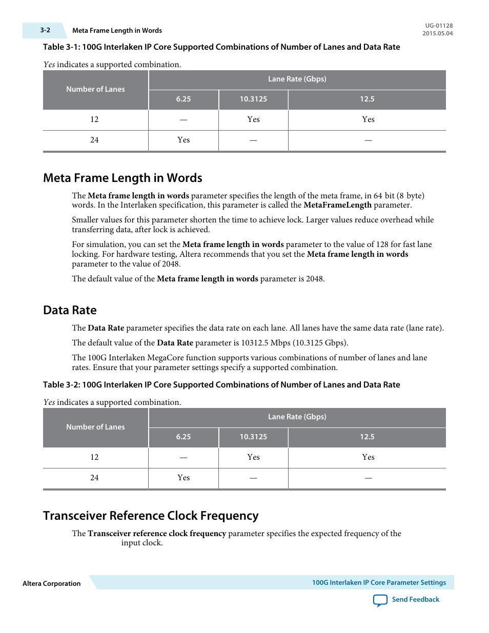 Meta frame length in words, Data rate, Transceiver reference clock frequency | Meta frame length in words -2, Data rate -2, Transceiver reference clock frequency -2 | Altera 100G Interlaken MegaCore Function User Manual | Page 26 / 111