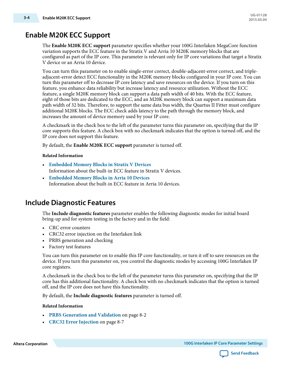 Enable m20k ecc support, Include diagnostic features, Enable m20k ecc support -4 | Include diagnostic features -4 | Altera 100G Interlaken MegaCore Function User Manual | Page 28 / 111