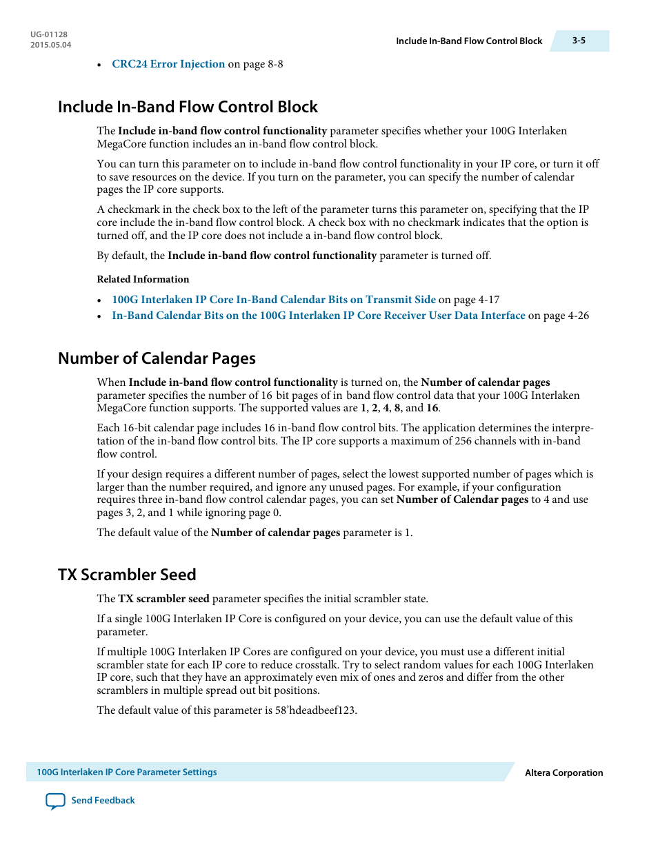 Include in-band flow control block, Tx scrambler seed, Include in-band flow control block -5 | Tx scrambler seed -5, Number of calendar pages | Altera 100G Interlaken MegaCore Function User Manual | Page 29 / 111