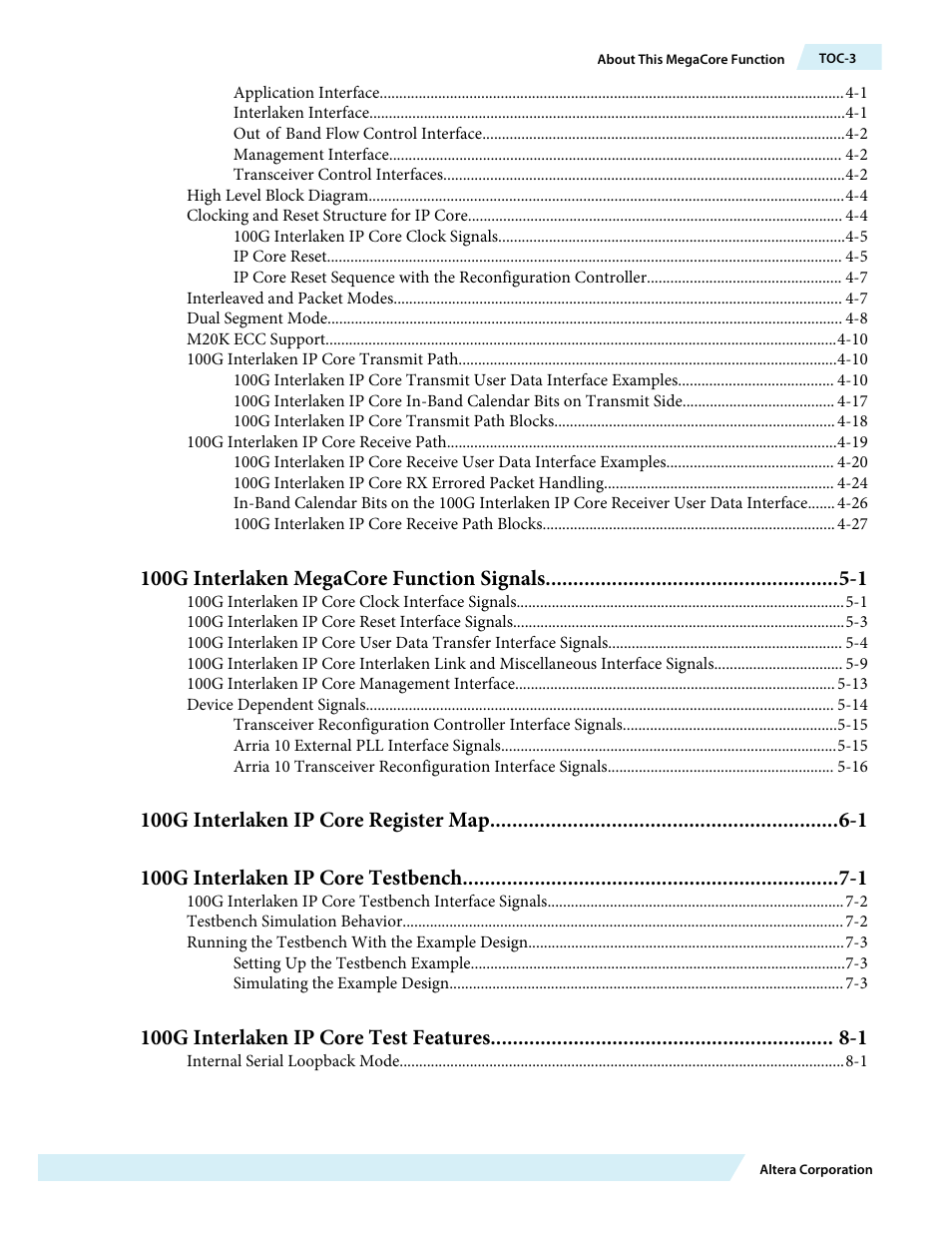 100g interlaken megacore function signals -1, 100g interlaken ip core test features -1 | Altera 100G Interlaken MegaCore Function User Manual | Page 3 / 111