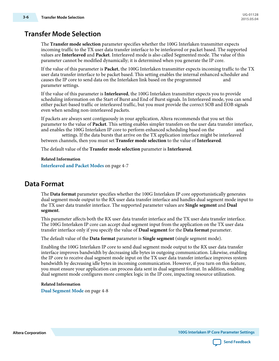 Transfer mode selection, Data format, Transfer mode selection -6 | Data format -6 | Altera 100G Interlaken MegaCore Function User Manual | Page 30 / 111