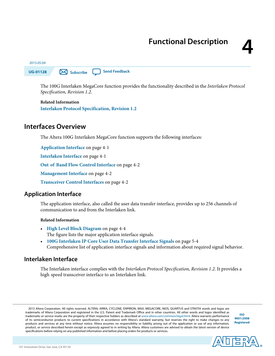 Functional description, Interfaces overview, Application interface | Interlaken interface, Functional description -1, Interfaces overview -1, Application interface -1, Interlaken interface -1 | Altera 100G Interlaken MegaCore Function User Manual | Page 31 / 111