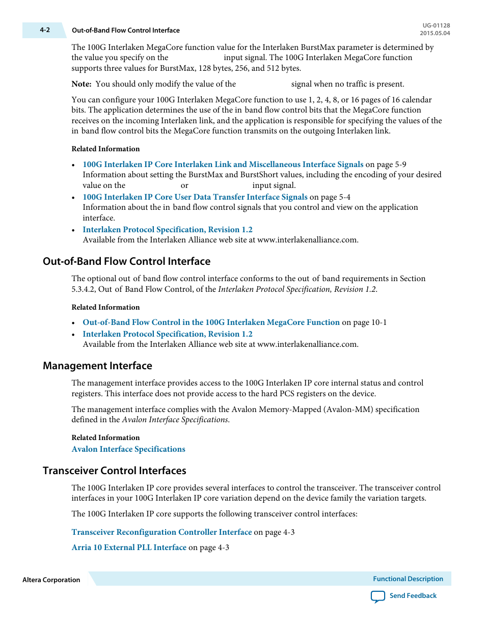 Out‑of‑band flow control interface, Management interface, Transceiver control interfaces | Out-of-band flow control interface -2, Management interface -2, Transceiver control interfaces -2, Out-of-band flow control interface | Altera 100G Interlaken MegaCore Function User Manual | Page 32 / 111