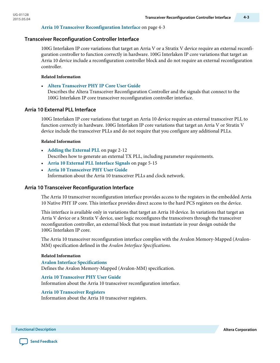 Transceiver reconfiguration controller interface, Arria 10 external pll interface, Arria 10 transceiver reconfiguration interface | Altera 100G Interlaken MegaCore Function User Manual | Page 33 / 111