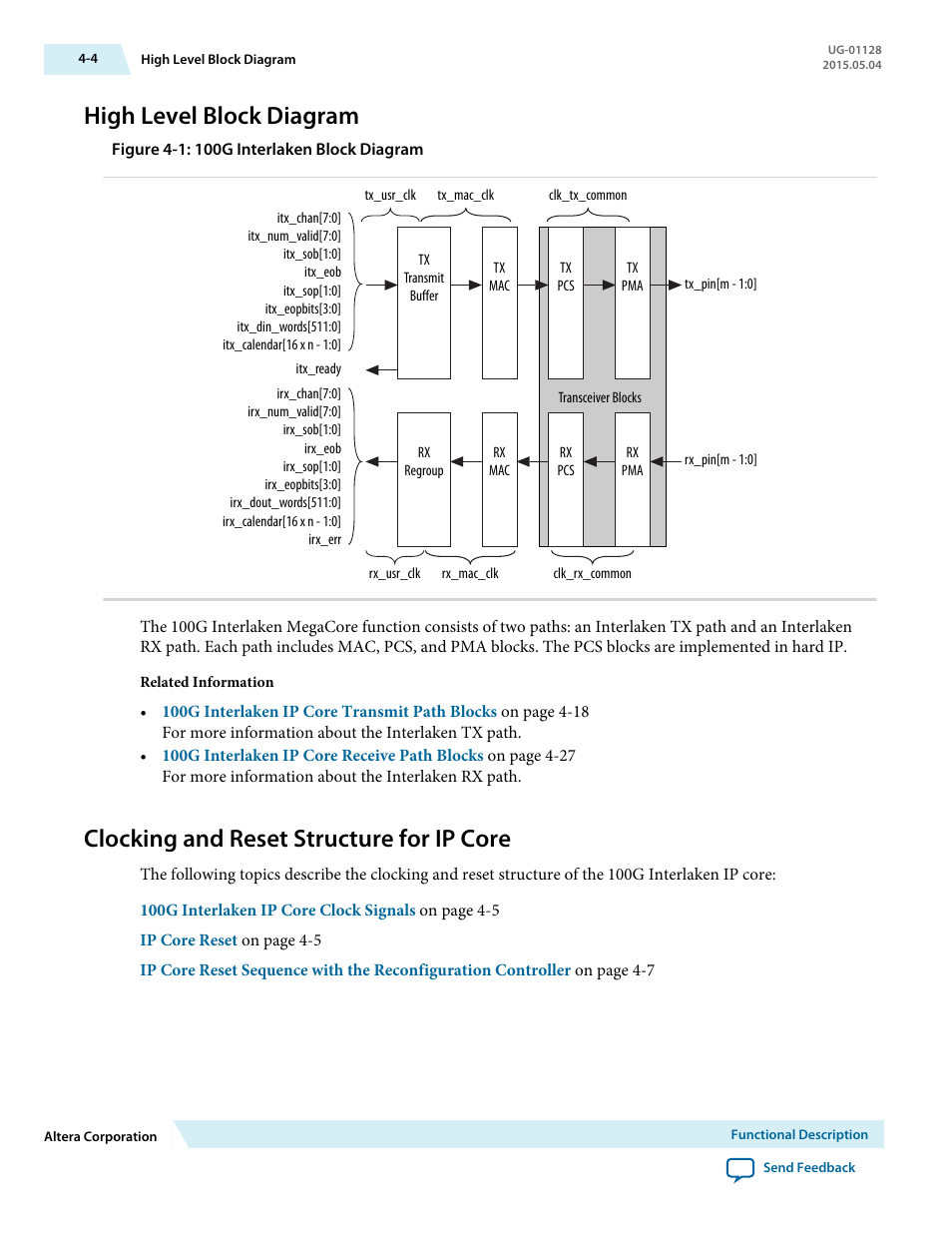 High level block diagram, Clocking and reset structure for ip core, High level block diagram -4 | Clocking and reset structure for ip core -4 | Altera 100G Interlaken MegaCore Function User Manual | Page 34 / 111