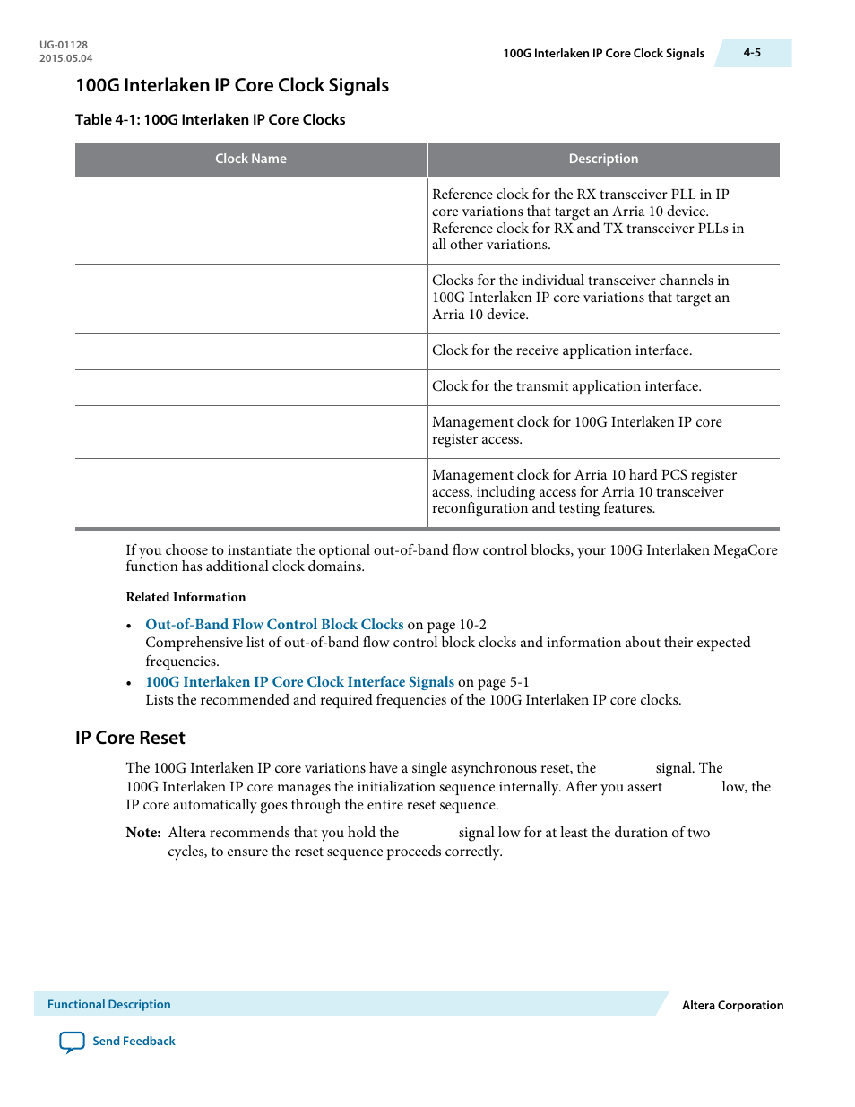 100g interlaken ip core clock signals, Ip core reset, 100g interlaken ip core clock signals -5 | Ip core reset -5 | Altera 100G Interlaken MegaCore Function User Manual | Page 35 / 111