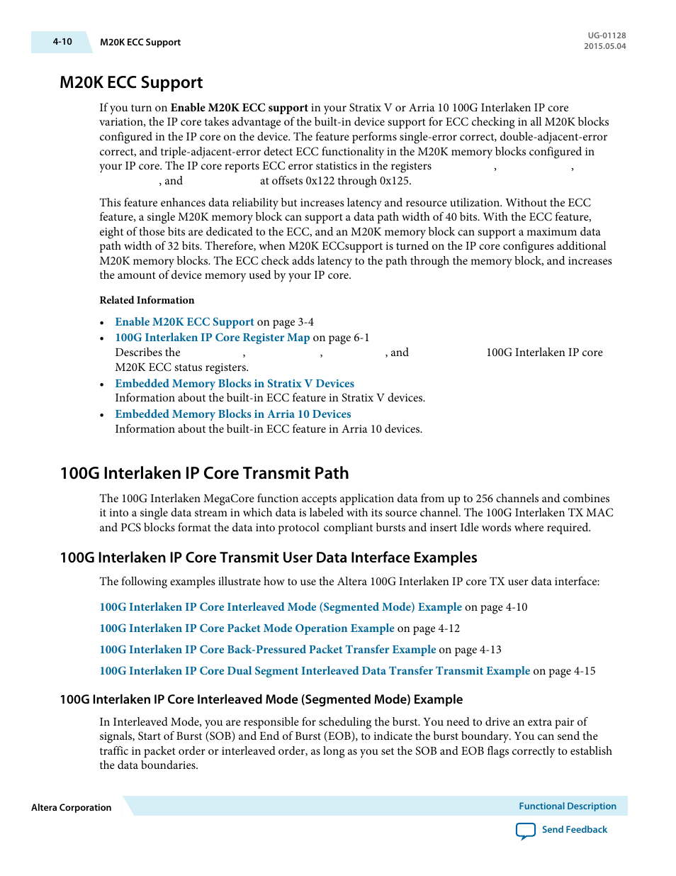 M20k ecc support, 100g interlaken ip core transmit path, M20k ecc support -10 | 100g interlaken ip core transmit path -10 | Altera 100G Interlaken MegaCore Function User Manual | Page 40 / 111