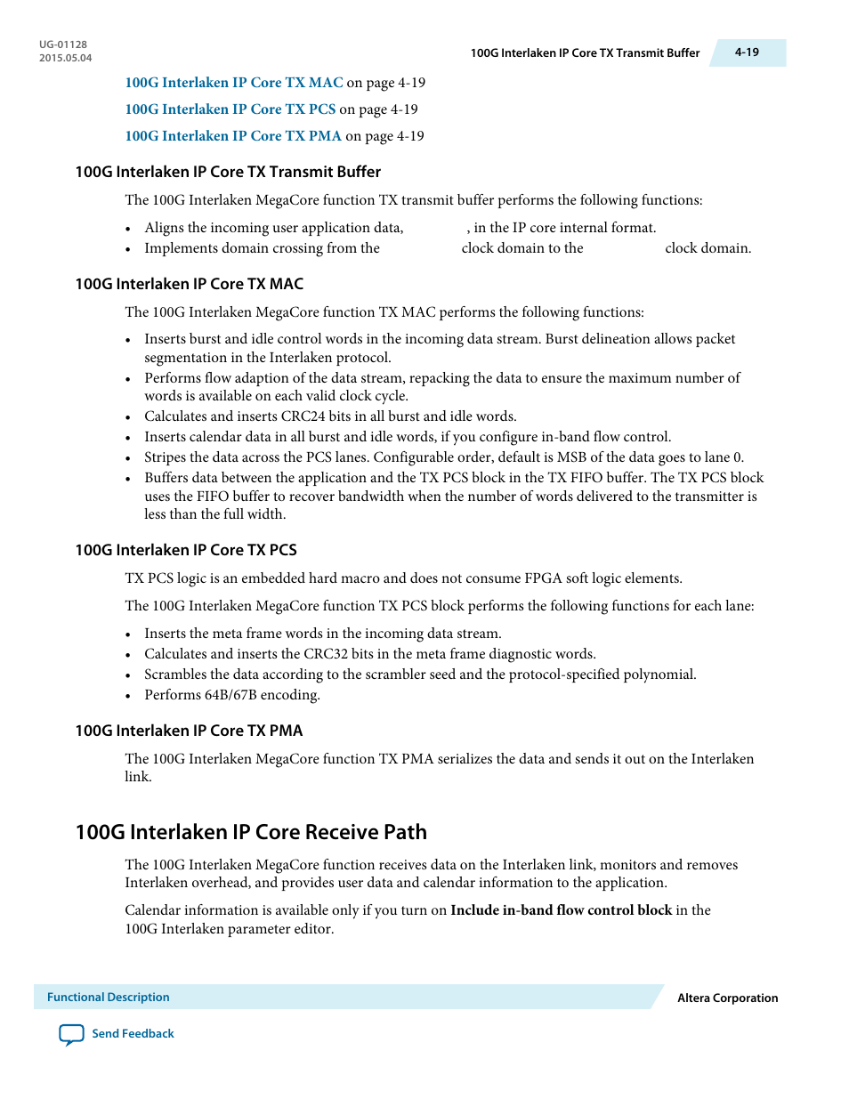 100g interlaken ip core tx transmit buffer, 100g interlaken ip core tx mac, 100g interlaken ip core tx pcs | 100g interlaken ip core tx pma, 100g interlaken ip core receive path, 100g interlaken ip core receive path -19 | Altera 100G Interlaken MegaCore Function User Manual | Page 49 / 111