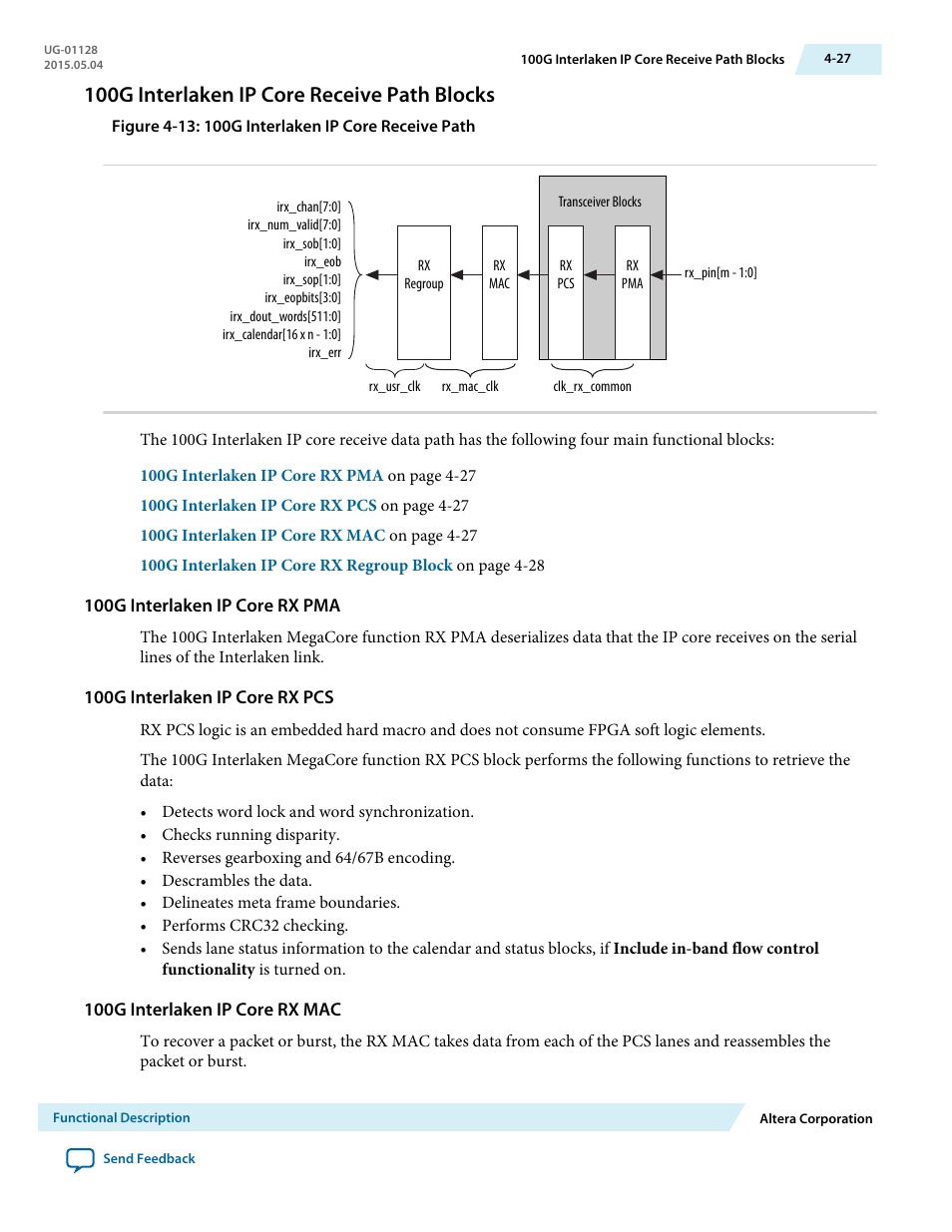 100g interlaken ip core receive path blocks, 100g interlaken ip core rx pma, 100g interlaken ip core rx pcs | 100g interlaken ip core rx mac, 100g interlaken ip core receive path blocks -27 | Altera 100G Interlaken MegaCore Function User Manual | Page 57 / 111