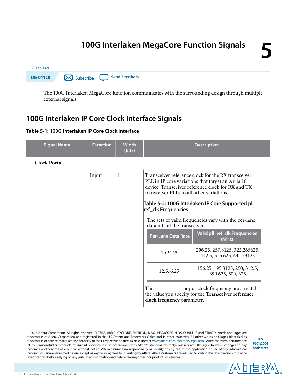 100g interlaken megacore function signals, 100g interlaken ip core clock interface signals, 100g interlaken megacore function signals -1 | 100g interlaken ip core clock interface signals -1 | Altera 100G Interlaken MegaCore Function User Manual | Page 59 / 111