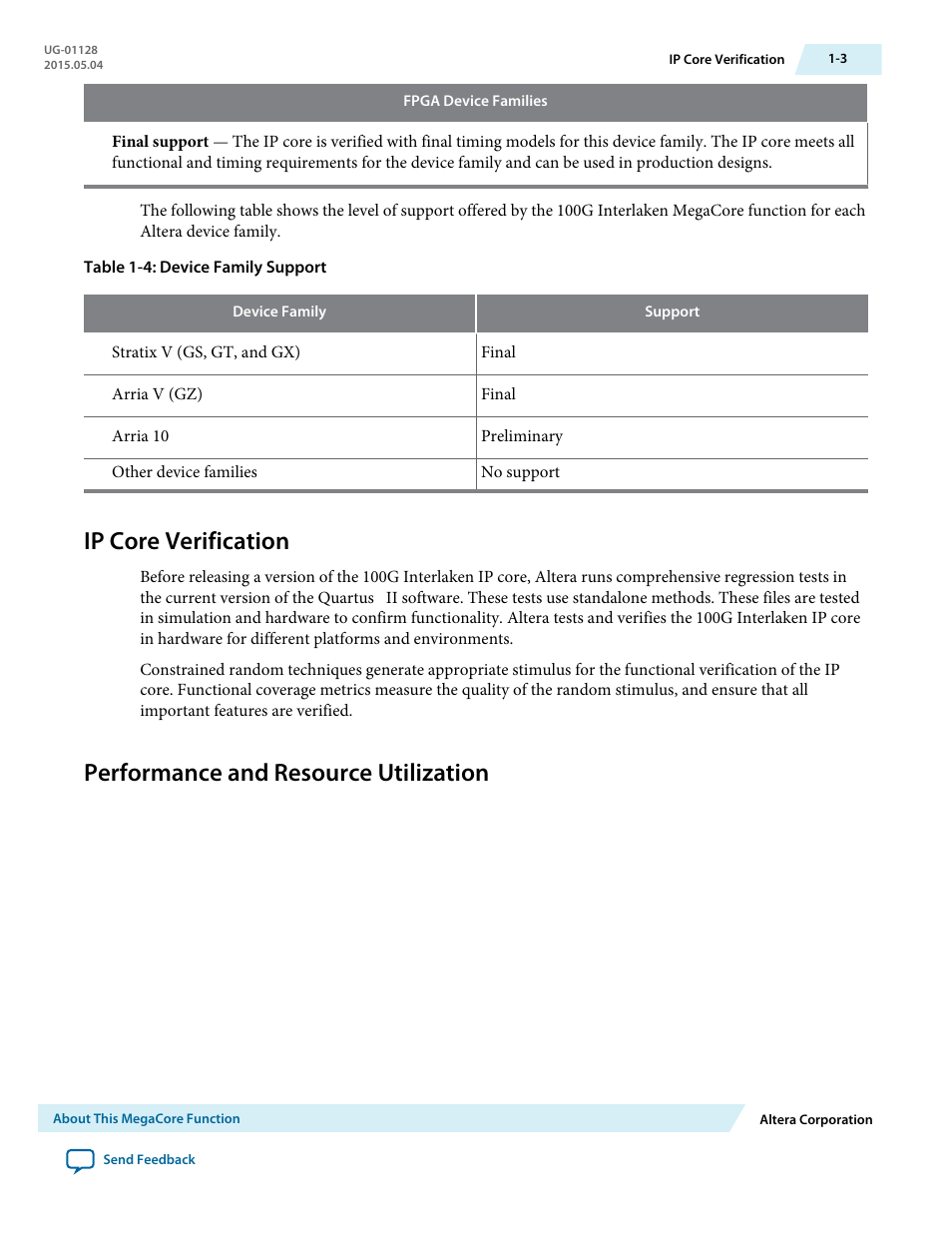 Ip core verification, Performance and resource utilization, Ip core verification -3 | Performance and resource utilization -3 | Altera 100G Interlaken MegaCore Function User Manual | Page 7 / 111