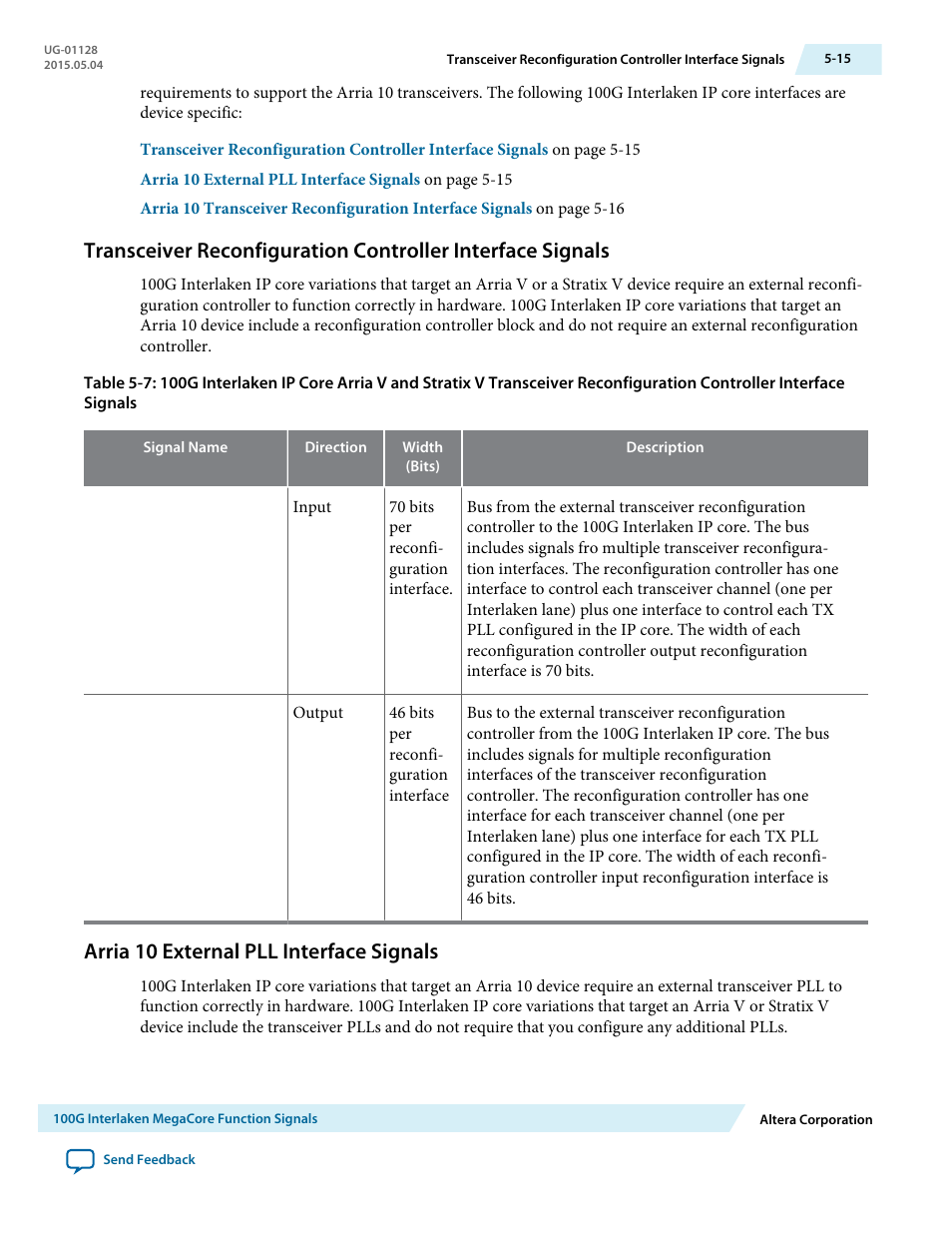 Arria 10 external pll interface signals, Arria 10 external pll interface signals -15 | Altera 100G Interlaken MegaCore Function User Manual | Page 73 / 111