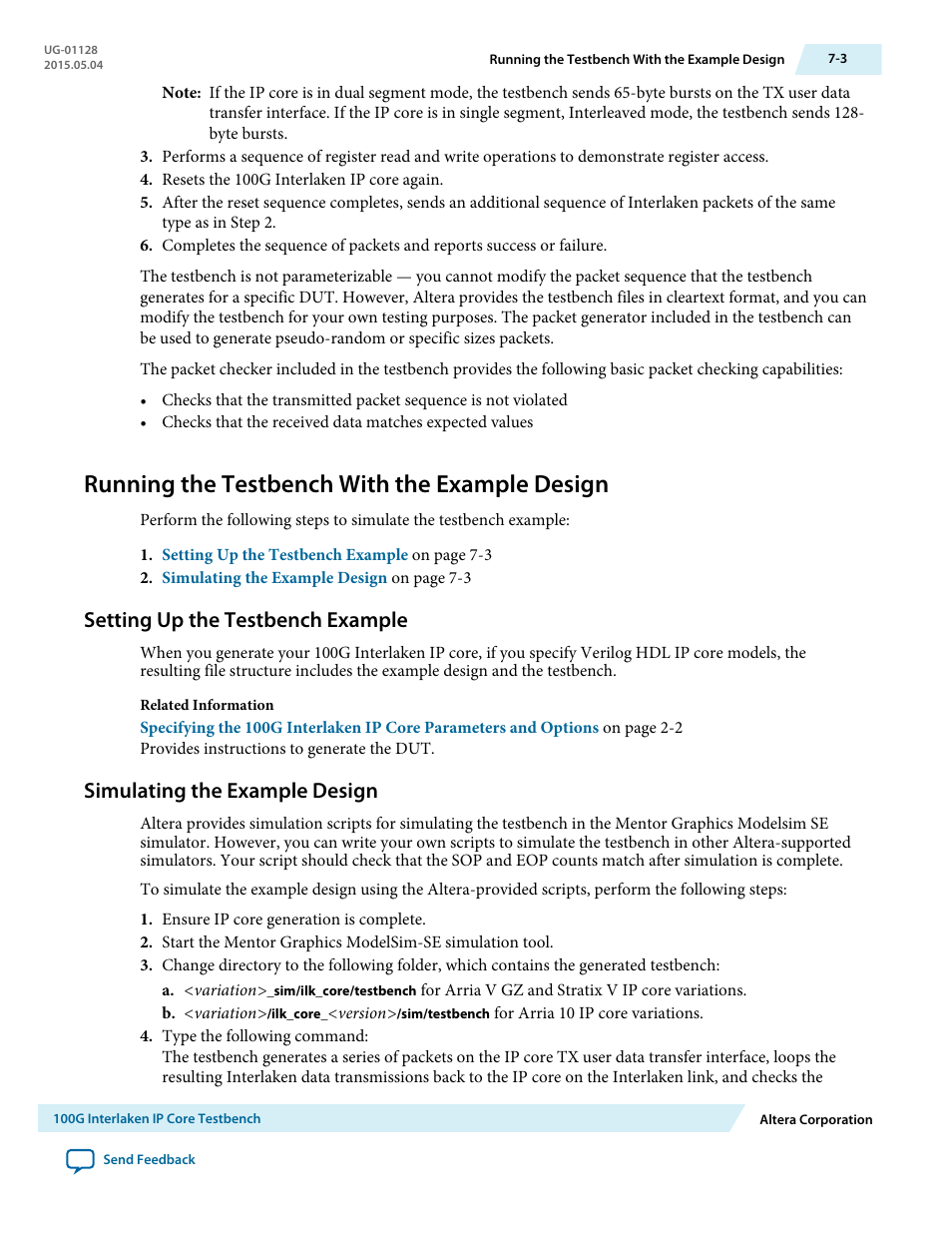 Running the testbench with the example design, Setting up the testbench example, Simulating the example design | Running the testbench with the example design -3, Setting up the testbench example -3, Simulating the example design -3 | Altera 100G Interlaken MegaCore Function User Manual | Page 84 / 111