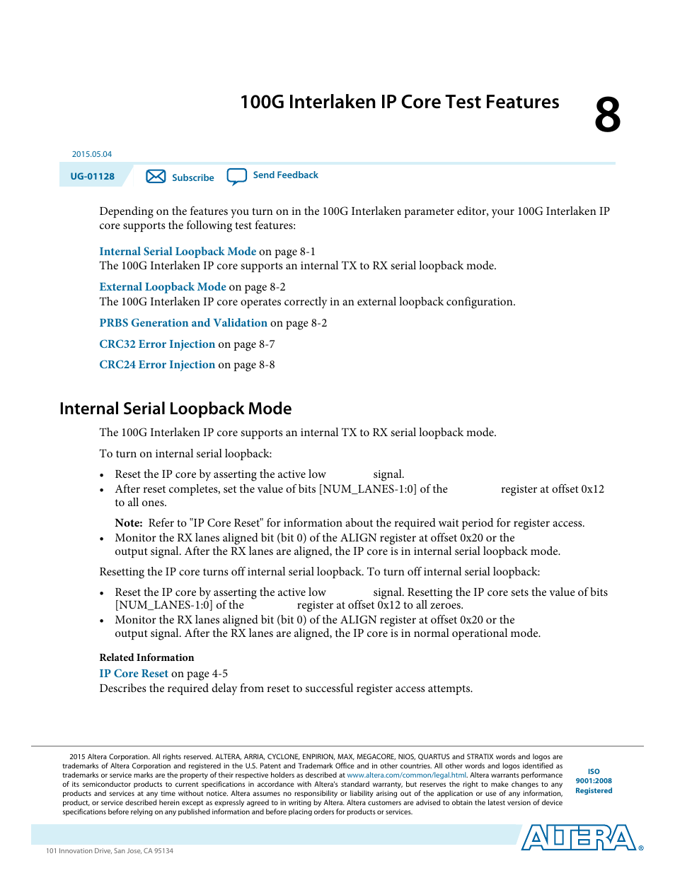 100g interlaken ip core test features, Internal serial loopback mode, 100g interlaken ip core test features -1 | Internal serial loopback mode -1 | Altera 100G Interlaken MegaCore Function User Manual | Page 86 / 111