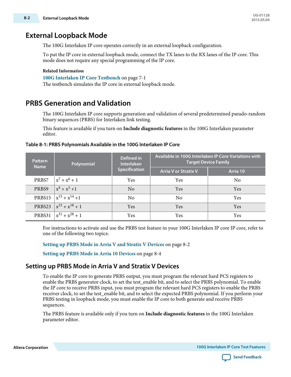 External loopback mode, Prbs generation and validation, External loopback mode -2 | Prbs generation and validation -2 | Altera 100G Interlaken MegaCore Function User Manual | Page 87 / 111