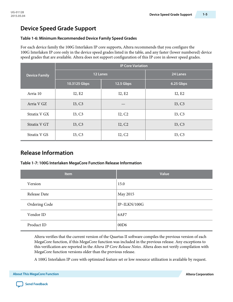 Device speed grade support, Release information, Device speed grade support -5 | Release information -5 | Altera 100G Interlaken MegaCore Function User Manual | Page 9 / 111