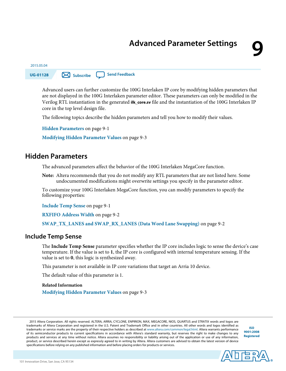 Advanced parameter settings, Hidden parameters, Include temp sense | Advanced parameter settings -1, Hidden parameters -1, Include temp sense -1 | Altera 100G Interlaken MegaCore Function User Manual | Page 94 / 111