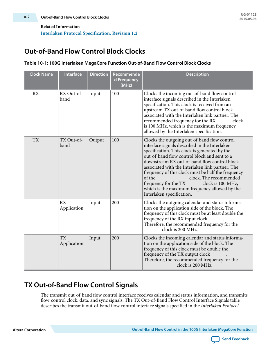 Out-of-band flow control block clocks, Tx out‑of‑band flow control signals, Out-of-band flow control block clocks -2 | Tx out-of-band flow control signals -2, Tx out-of-band flow control signals | Altera 100G Interlaken MegaCore Function User Manual | Page 99 / 111